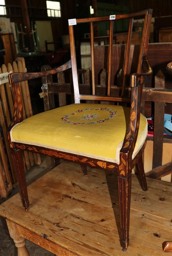 Marquetry inlaid mahogany elbow chair, with tapestry upholstered seat